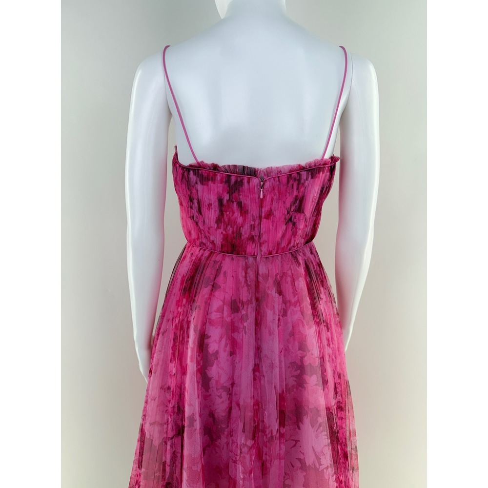 ML Monique Lhuillier Pink Floral Pleated Strapless Midi Dress Size 2 - Picture 8 of 11